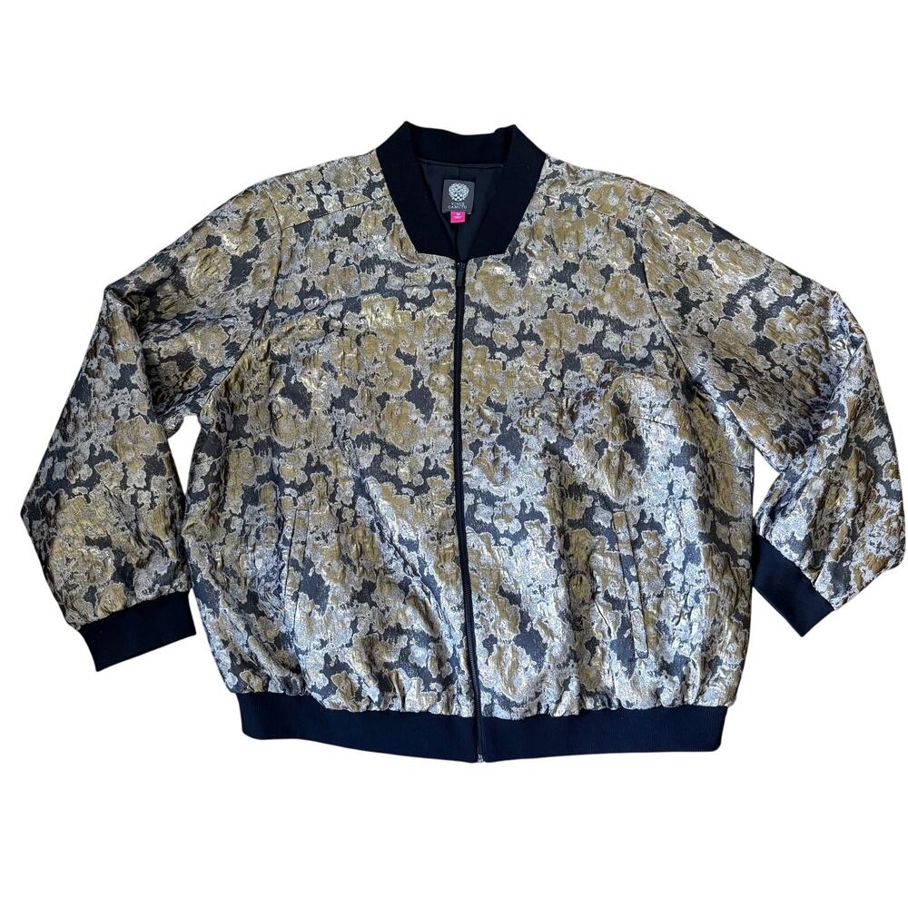 Vince Camuto Women Plus Size Metallic Bomber Jacket 3X Gold Black Floral Brocade